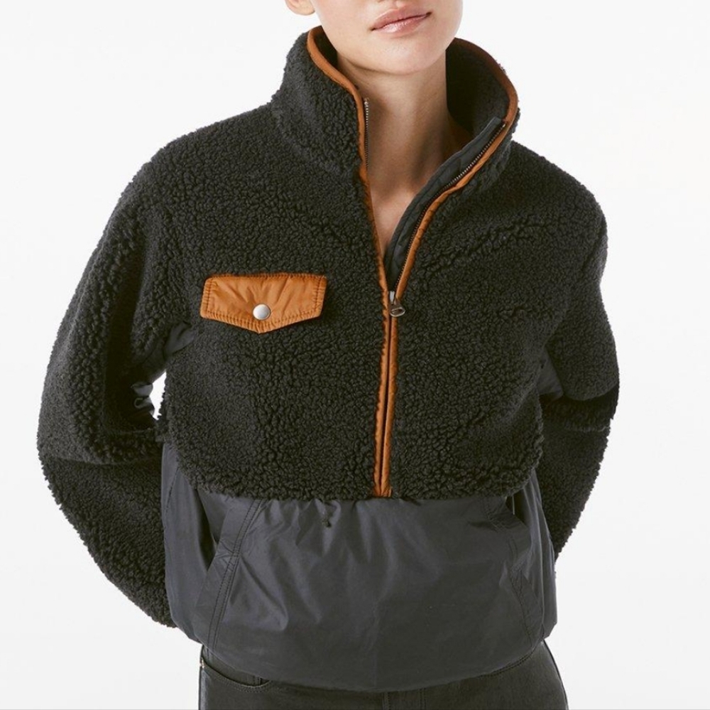Frame Denim Black Teddy Jacket with Tan Trim